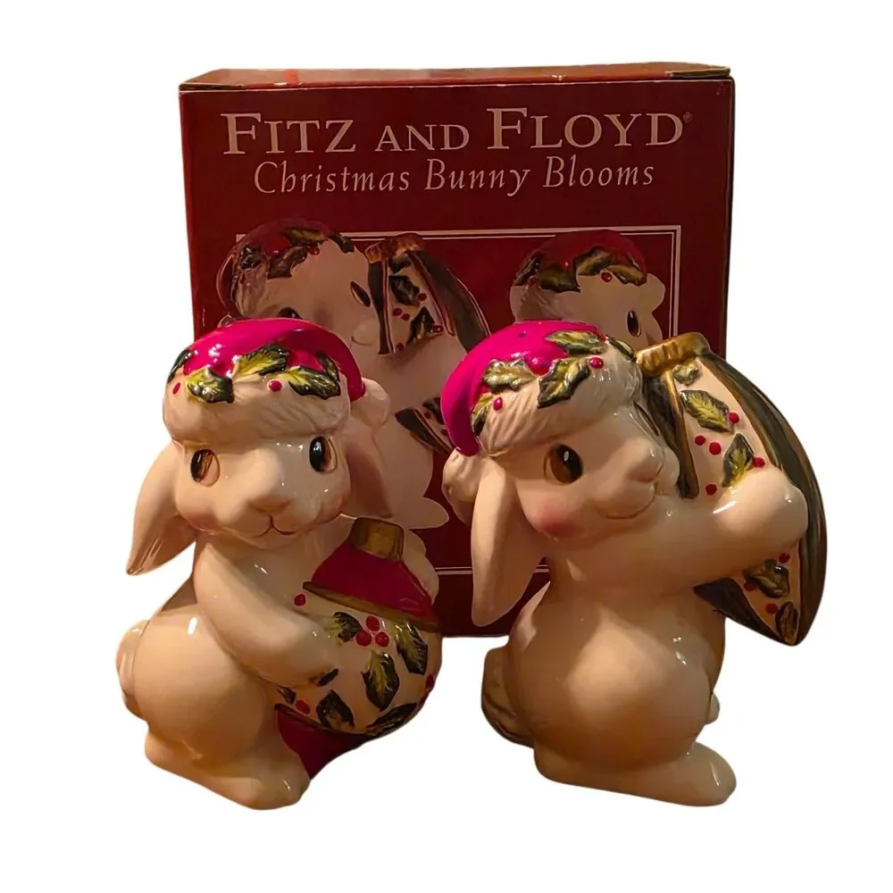 Fitz & Floyd 2004 Christmas Bunny Blooms Rabbit Salt & Pepper Shaker Set Holiday